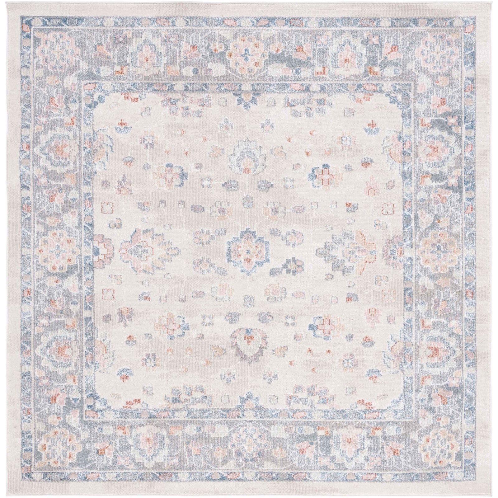 Square version in beige and gray with blue border and softly faded florals. || BLR224B-7SQ || top_studio