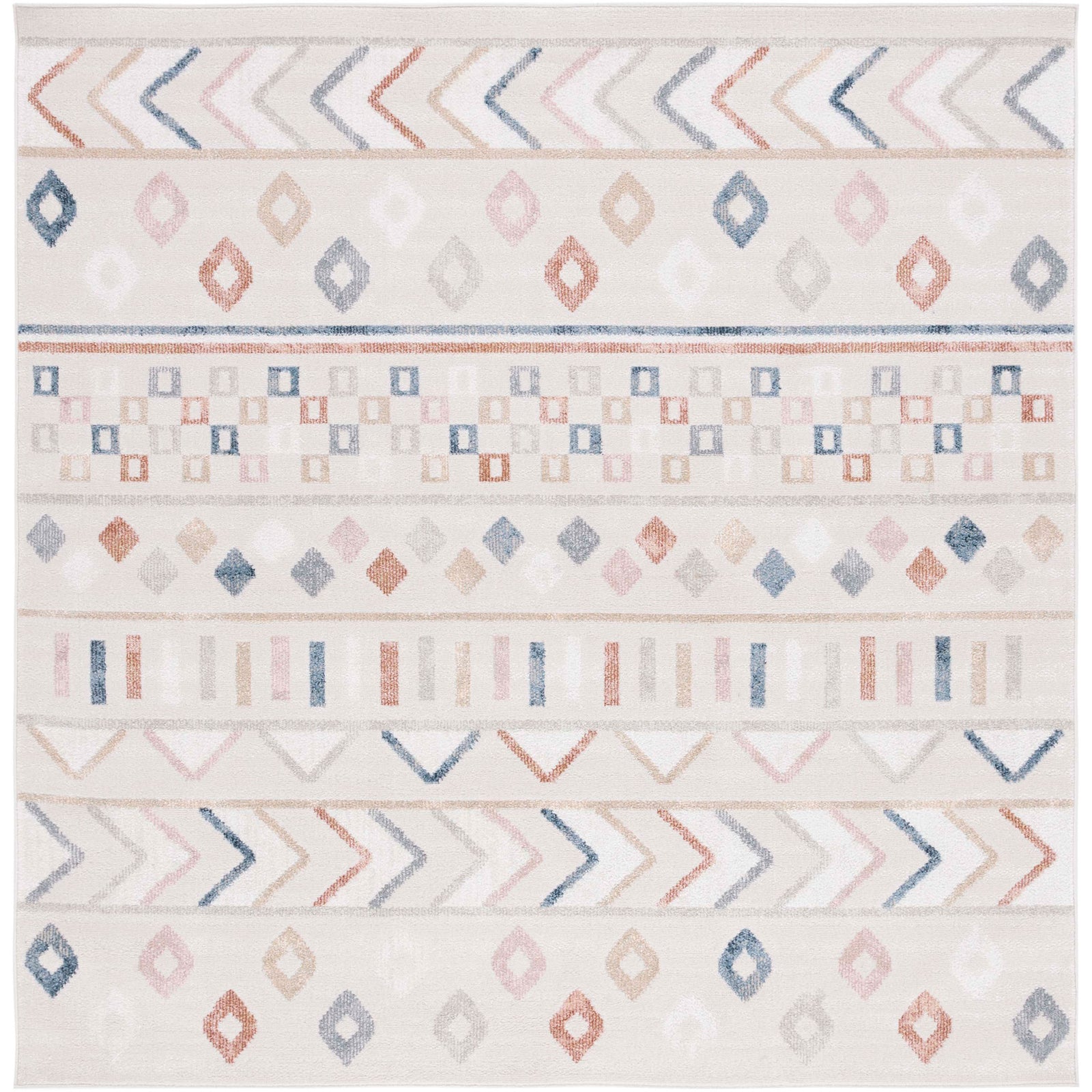 Square beige area rug with multicolor diamonds and chevrons in a light, Scandinavian-inspired palette || BLR226B-7SQ || top_studio