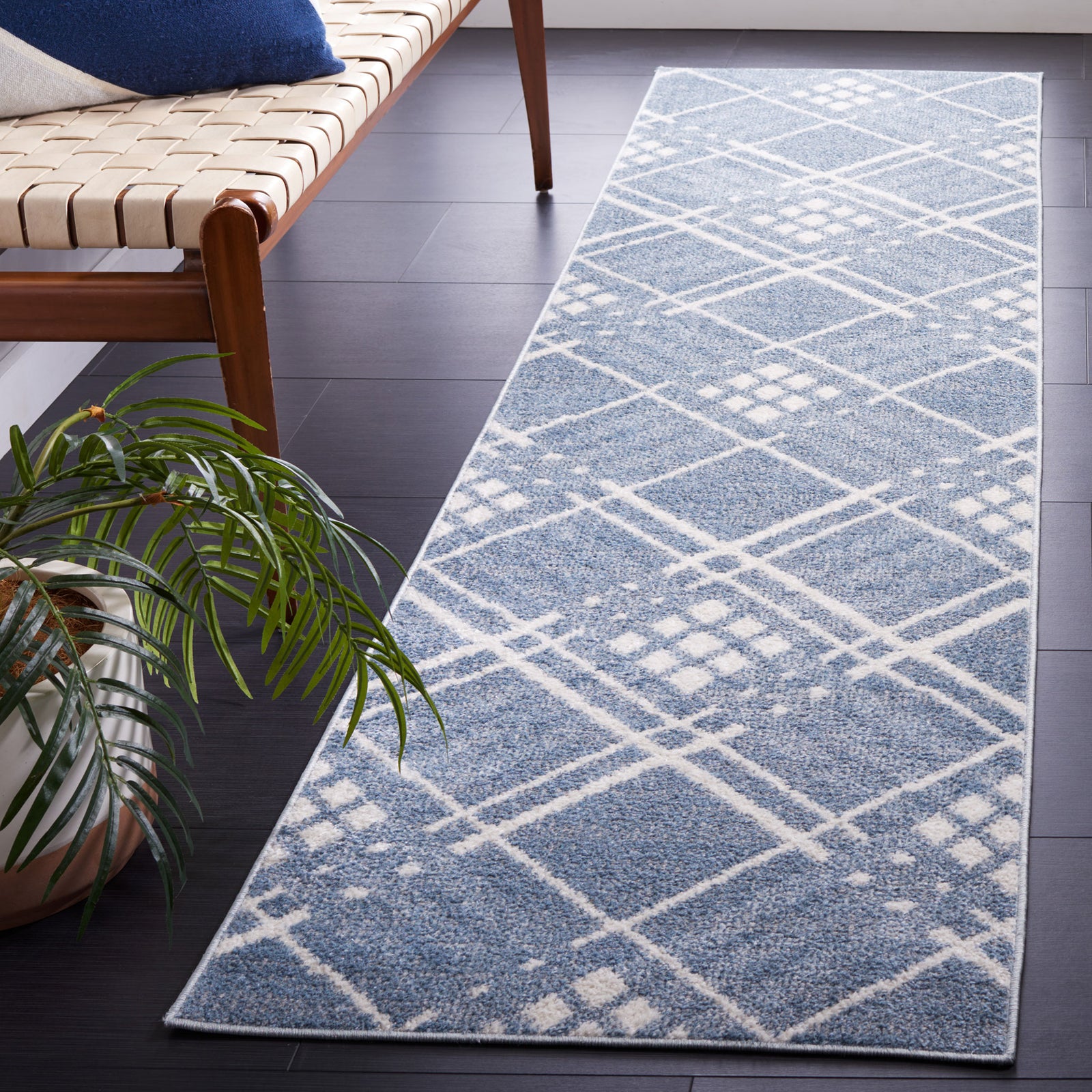 Blue and ivory runner with a crisp lattice design adds a modern touch || BLR228M-28 || front_angle_room