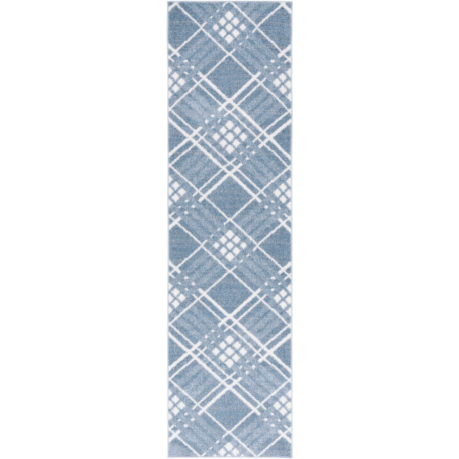 Blue and ivory geometric runner rug with a diamond lattice pattern || BLR228M-28 || top_studio