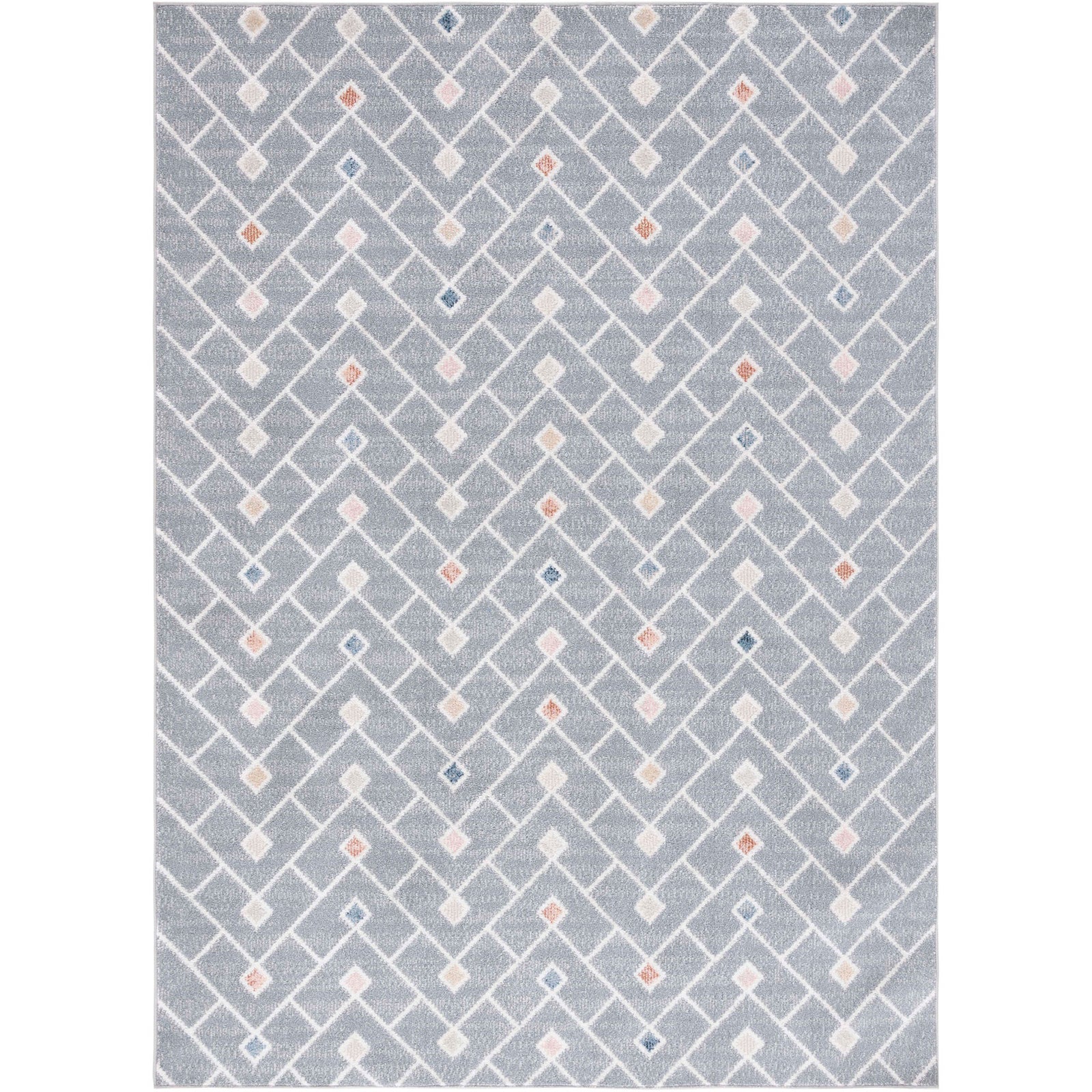 Rectangular gray rug with white chevron lattice and multicolor diamond accents || BLR230F-5 || top_studio