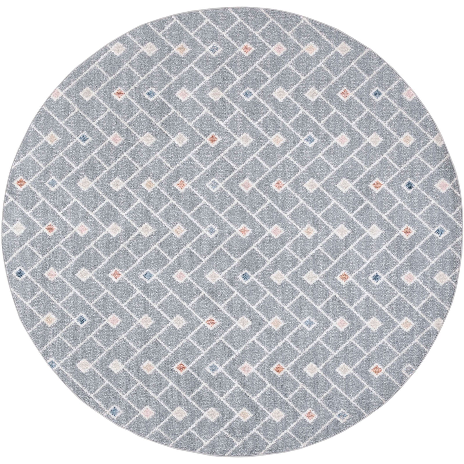 Round gray rug with a herringbone lattice and pastel diamond motifs in blue, coral, and gold || BLR230F-7R || top_studio