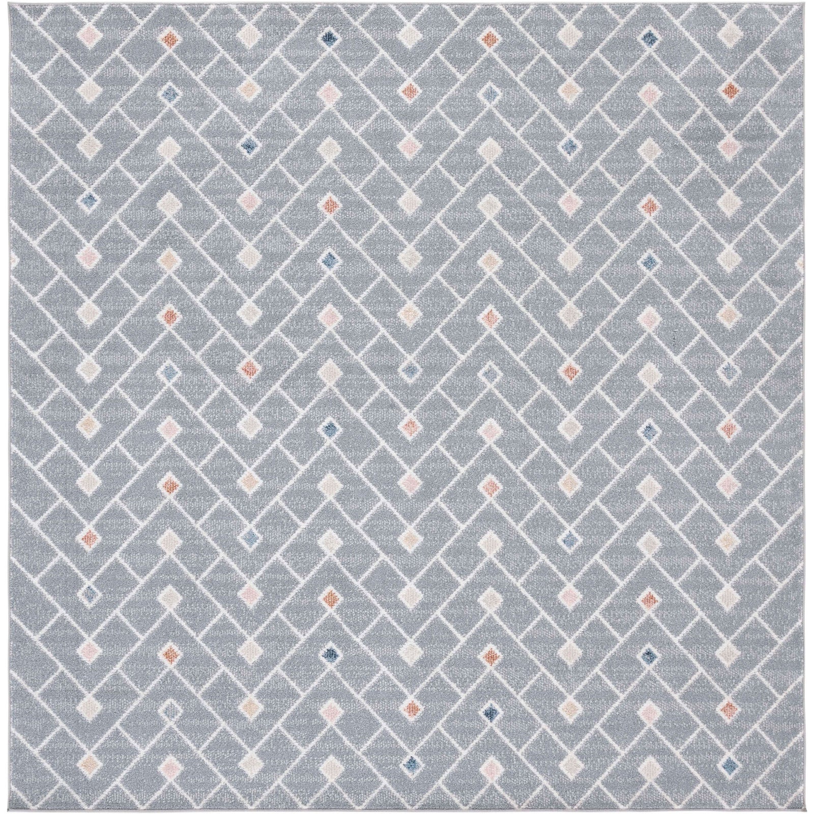 Square gray rug with white chevron lattice and multicolor diamond accents || BLR230F-7SQ || top_studio