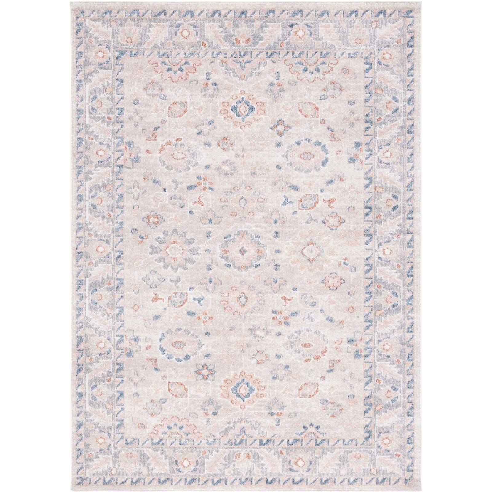 Beige and gray vintage-inspired rug with a soft pile and blue accents, framed by a classic floral border. || BLR232B-5 || top_studio
