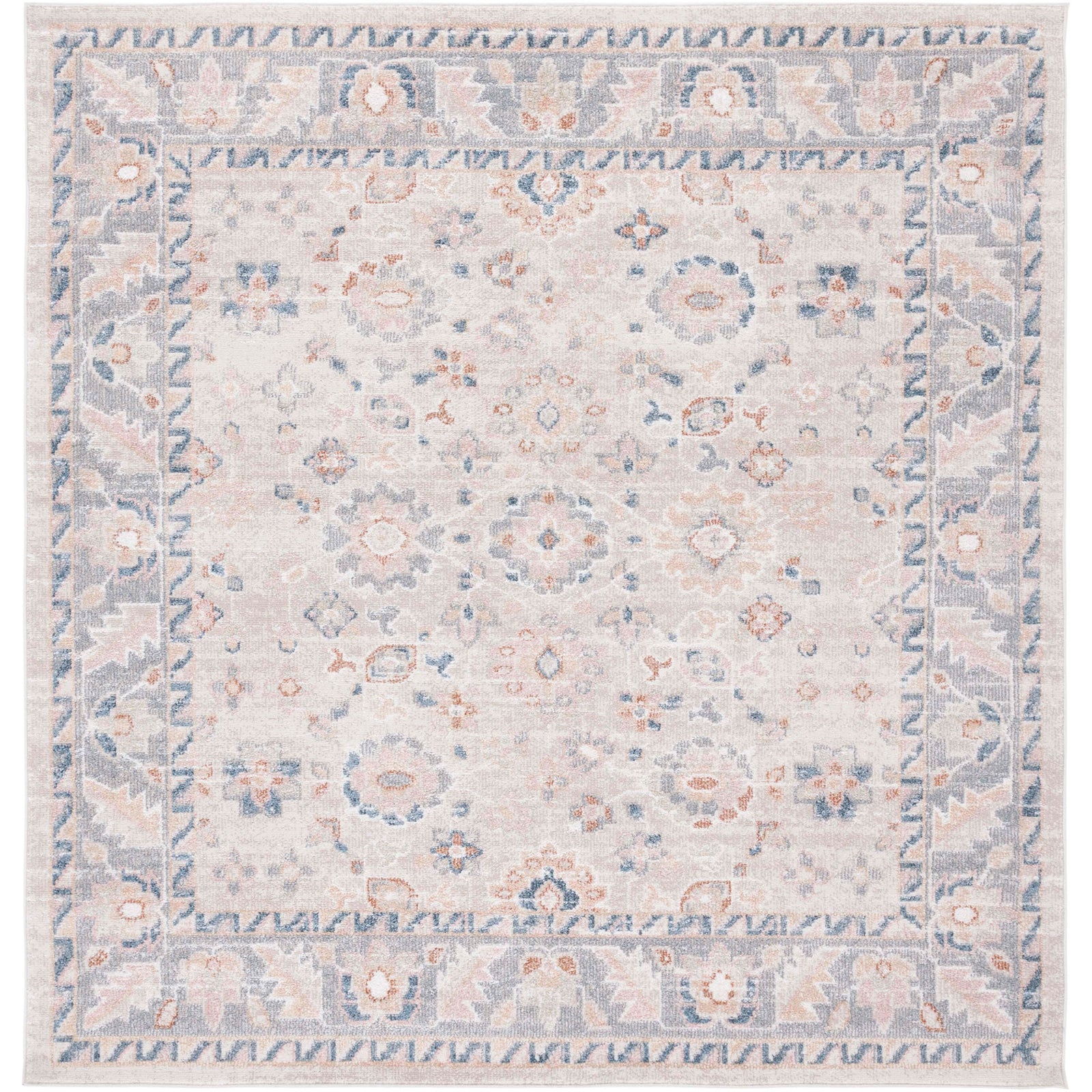 Square beige and gray rug with blue accents and a tailored border for a classic, traditional look. || BLR232B-7SQ || top_studio