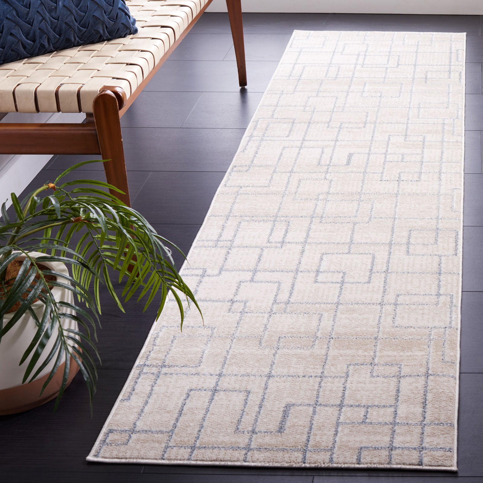 Neutral beige and gray runner with crisp geometric lines, machine-washable for easy care || BLR238B-28 || top_angle_room