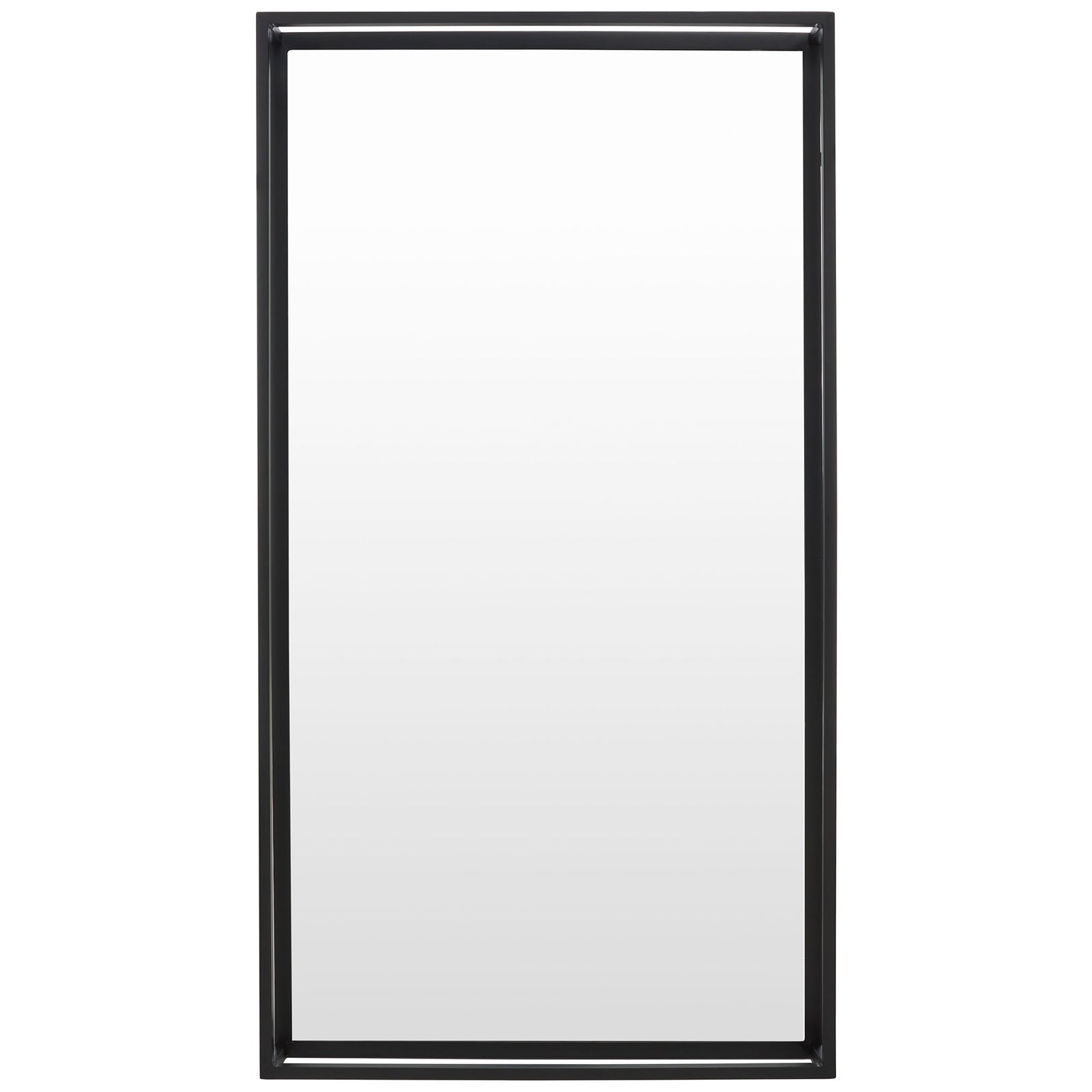 A slender black shadow box frame surrounds a tall rectangular mirror for a clean, modern look. || CMI1001A || front_studio