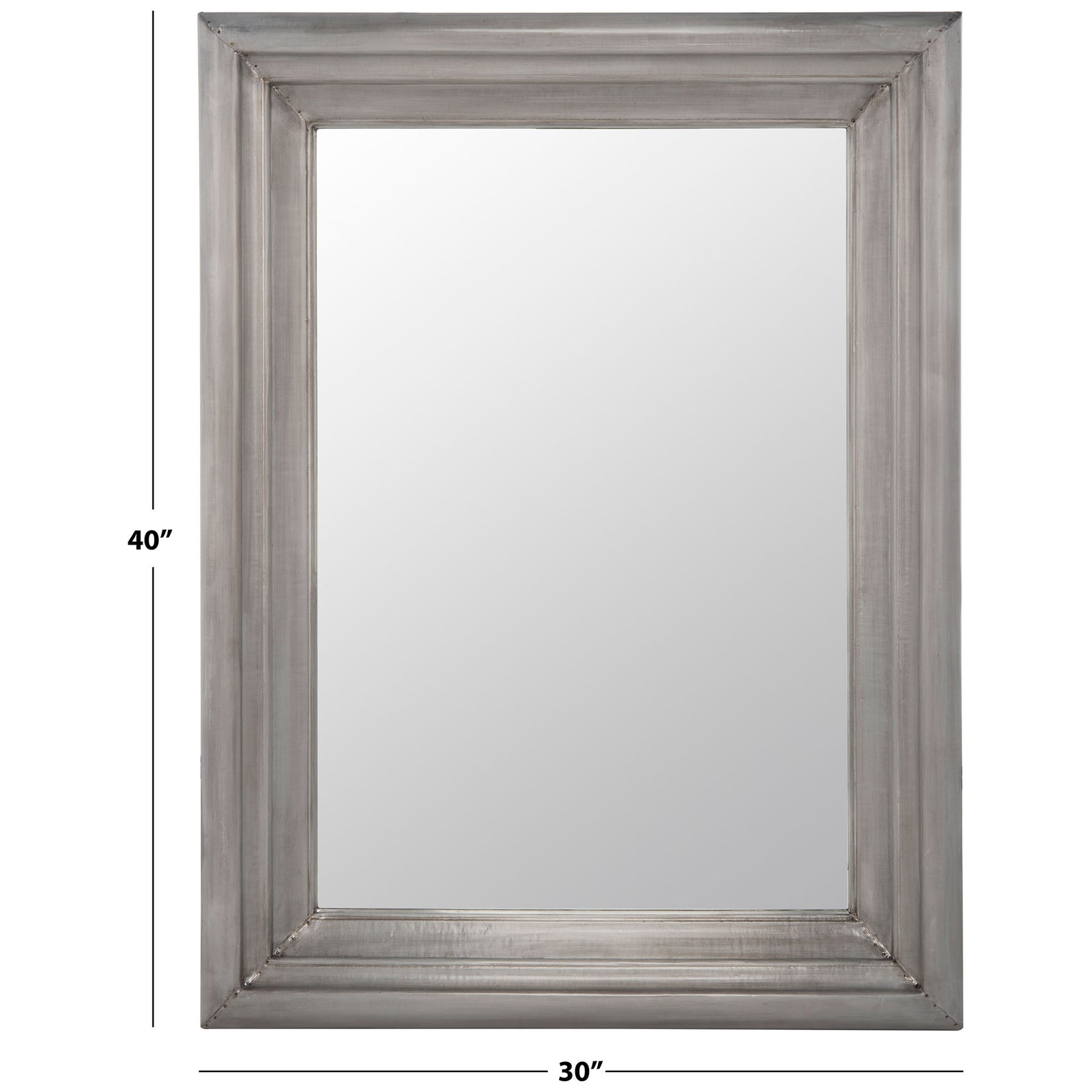 A 30-inch-wide, 40-inch-high mirror brings reflective depth within a broad silver frame. || CMI2002B || dimension_studio