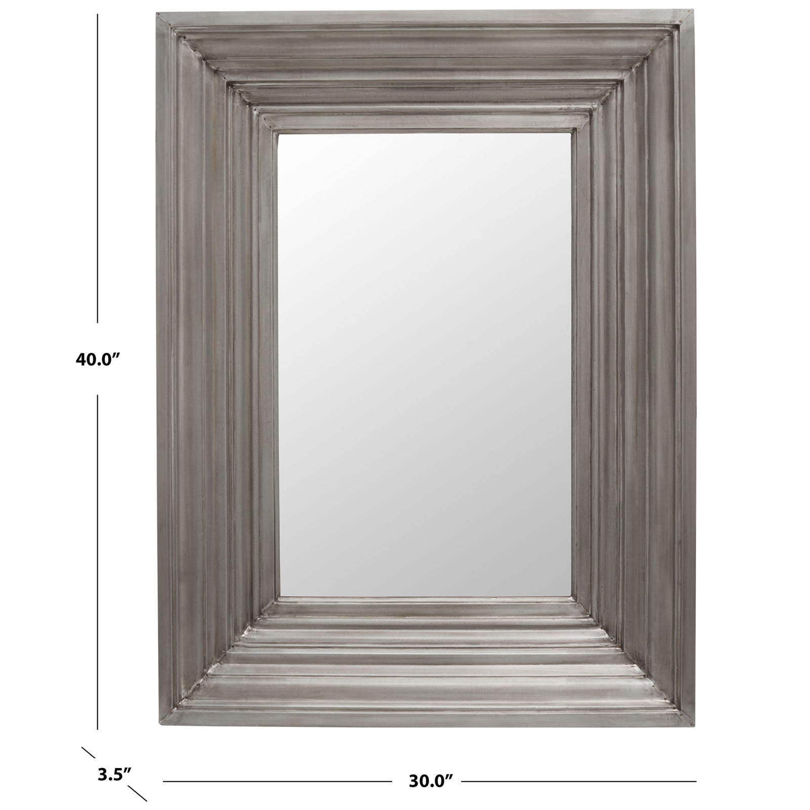Silver-framed mirror measures 30 inches wide, 40 inches high, and 3.5 inches deep. || CMI2004B || dimension_studio