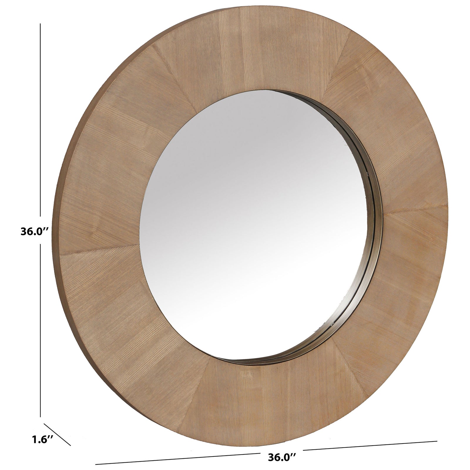 A 36-inch round mirror pairs a natural wood-grain frame with a 1.6-inch depth. || CMI4002A || dimension_studio