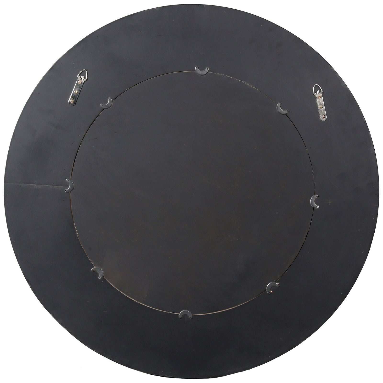 A dark circular backing comes equipped with two metal hooks for wall hanging. || CMI4002B || back_studio