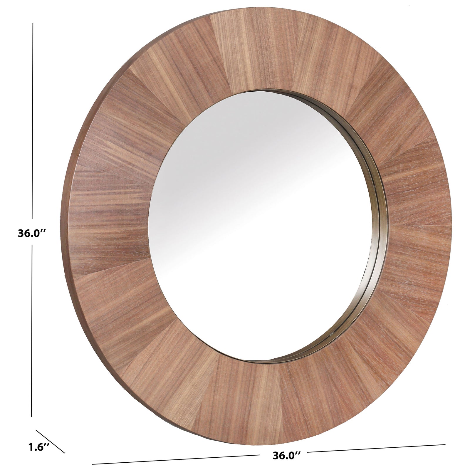 A walnut-toned frame surrounds this 36-inch round mirror, measuring 1.6 inches deep. || CMI4002B || dimension_studio