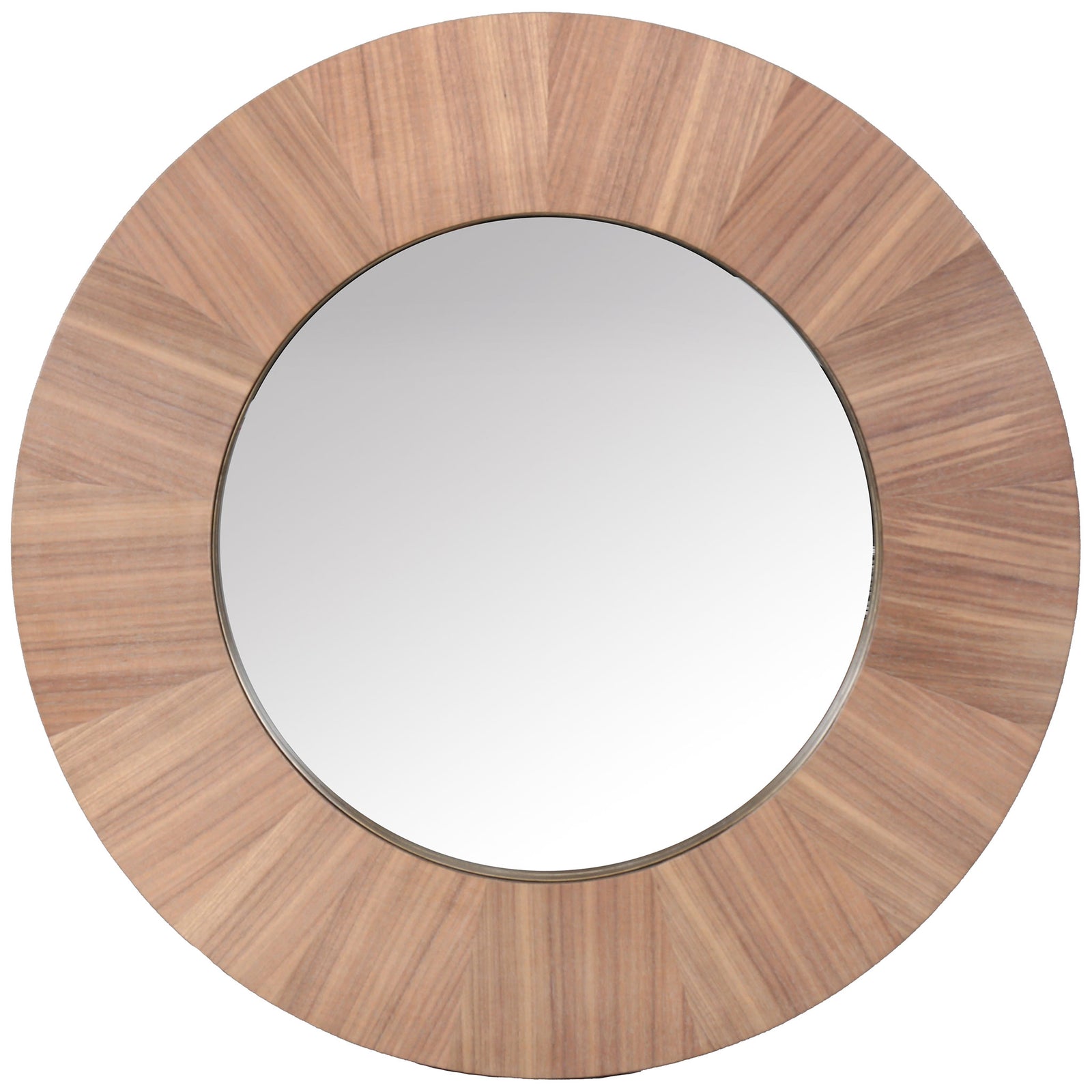 A round mirror features a broad walnut-toned veneer frame with striking radial wood grain. || CMI4002B || front_studio