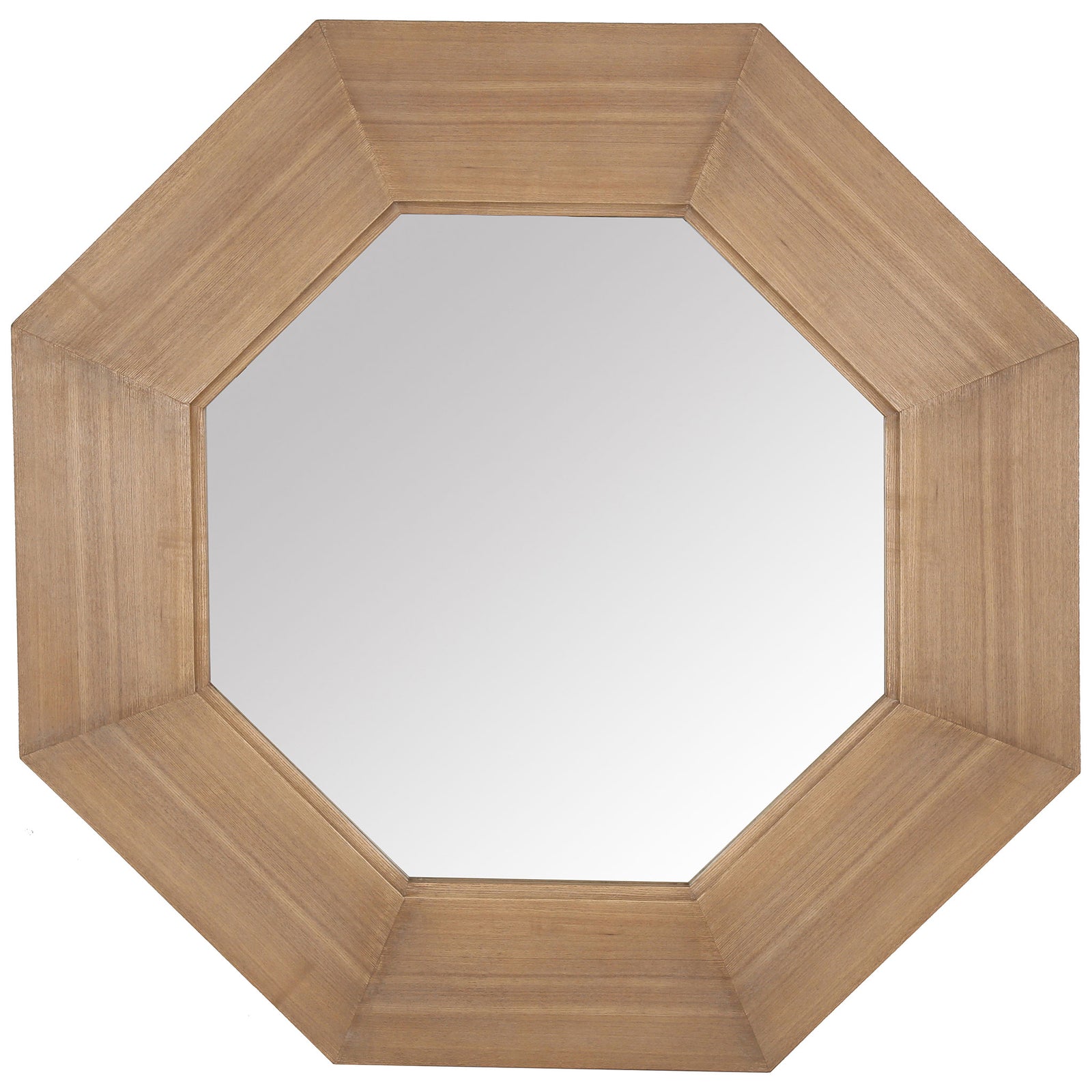 A broad natural wood-tone frame surrounds an octagonal mirror with geometric appeal || CMI4003A || front_studio