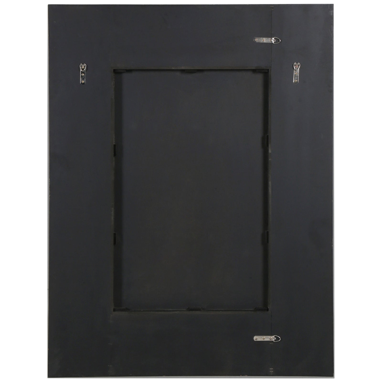 Metal hanging hooks on a dark backing offer flexible wall placement for this natural wood mirror || CMI4005A || back_studio