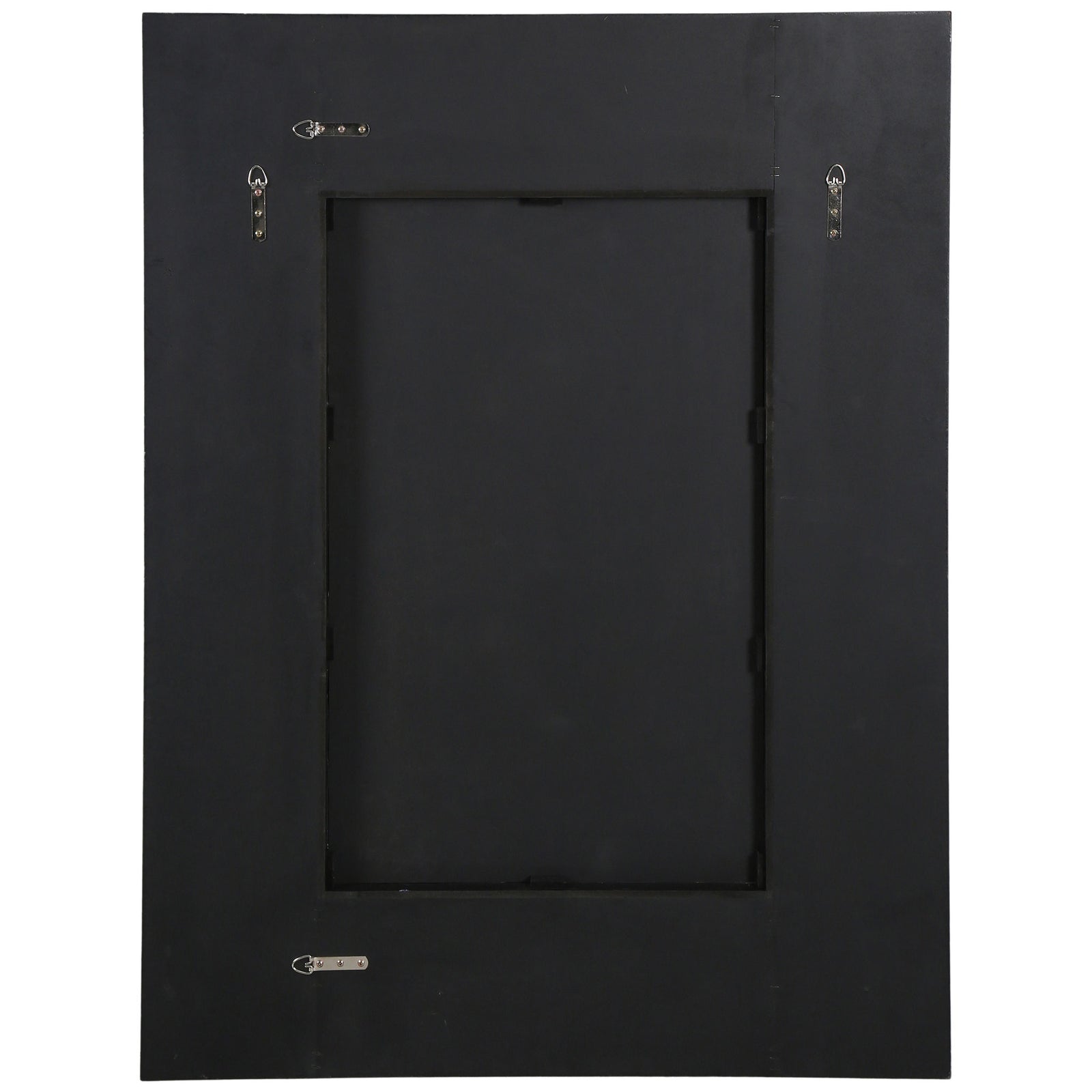 Four metal hanging hooks offer flexible wall placement for this black wood-framed mirror || CMI4005C || back_studio