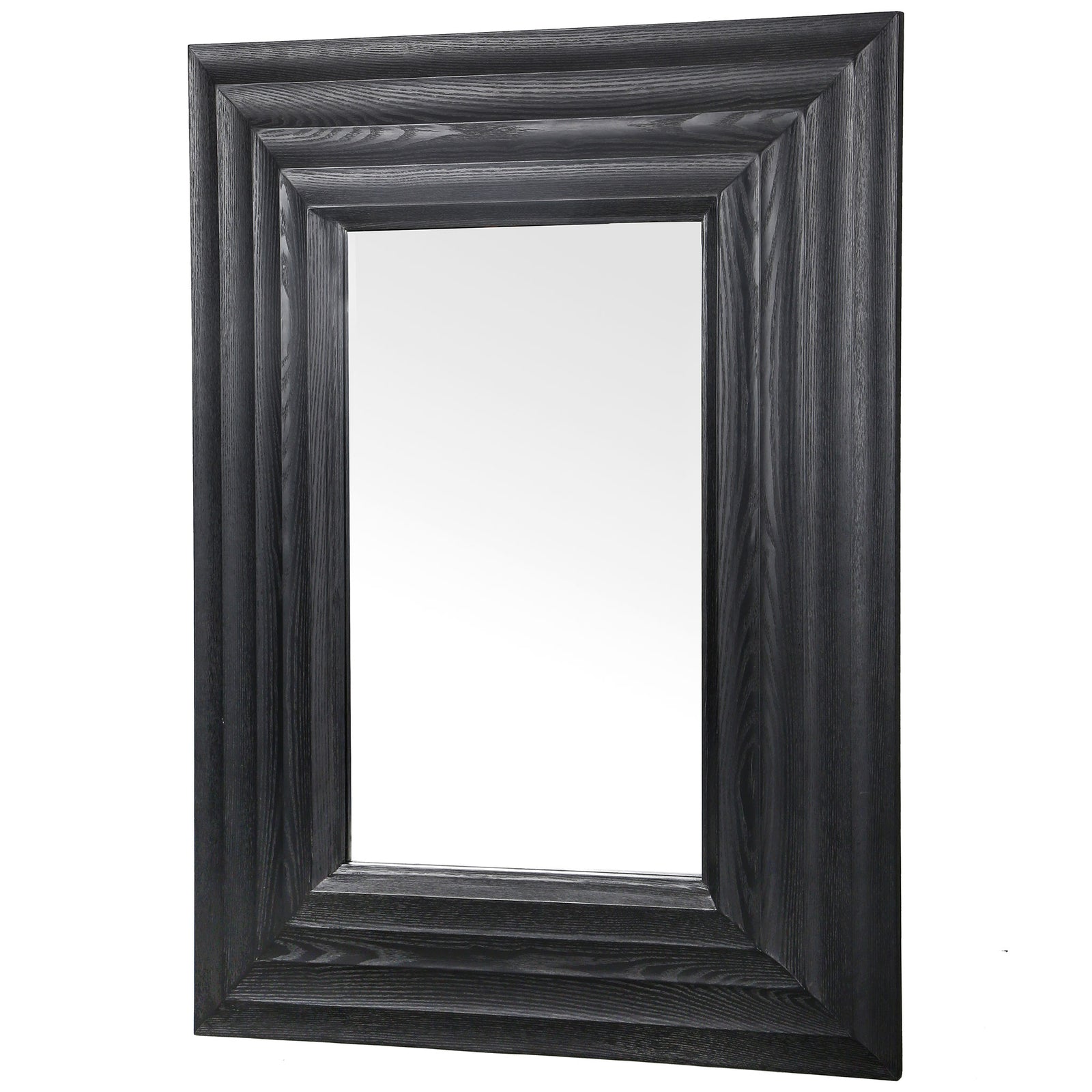 Thick, tiered black wood molding brings sculptural depth to the rectangular mirror || CMI4005C || front_angle_studio