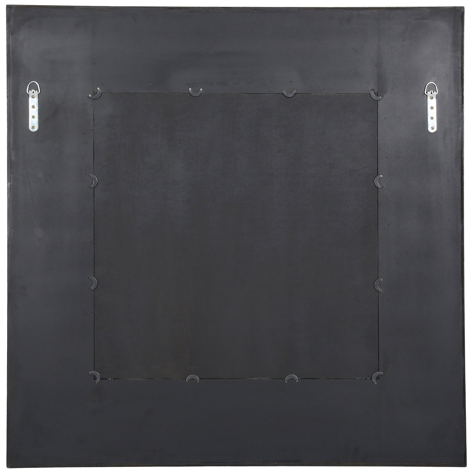 Two silver-toned hanging brackets sit on the square mirror's black backing. || CMI4007C || back_studio