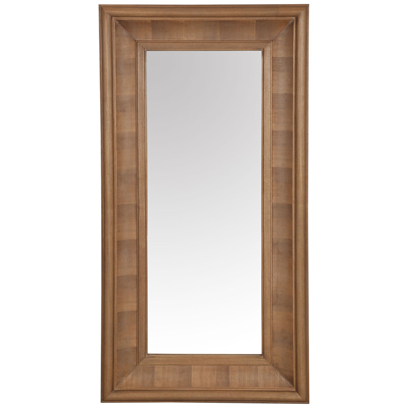 A tall mirror sits within a wide natural wood-tone frame with sculpted inner molding. || CMI4008A || front_studio