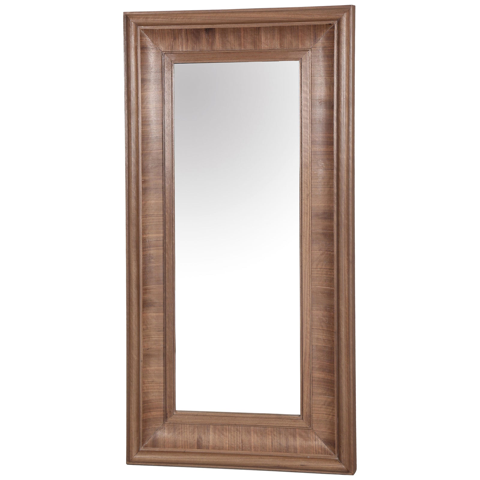 A broad, sculpted walnut-tone frame gives the tall rectangular mirror warm visual depth. || CMI4008B || front_angle_studio