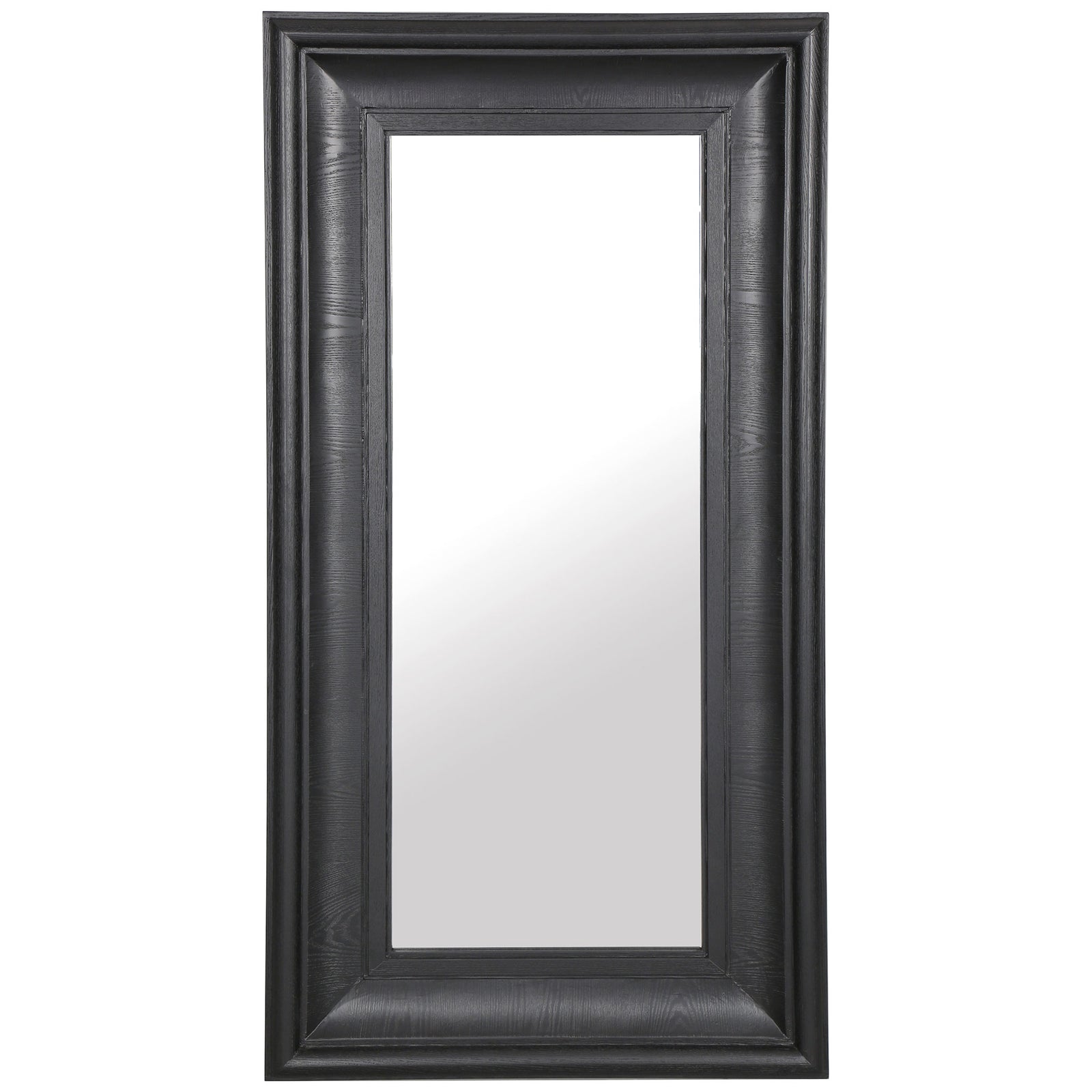A tall rectangular mirror brings depth and contrast with its wide, sculpted black frame. || CMI4008C || front_studio