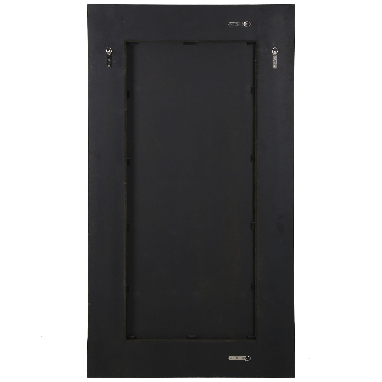 Black backing with metal hanging hooks supports this tall rectangular mirror || CMI4009B || back_studio