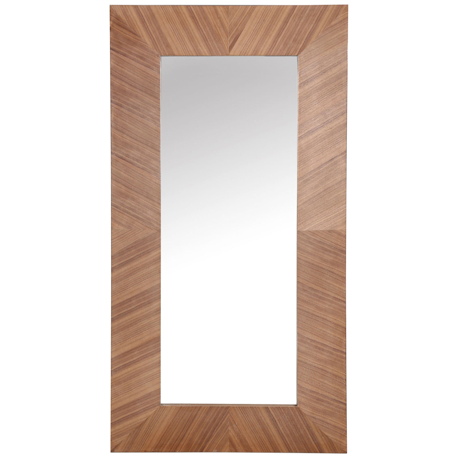 Tall rectangular mirror features a wide walnut-toned frame with radiating wood grain || CMI4009B || front_studio