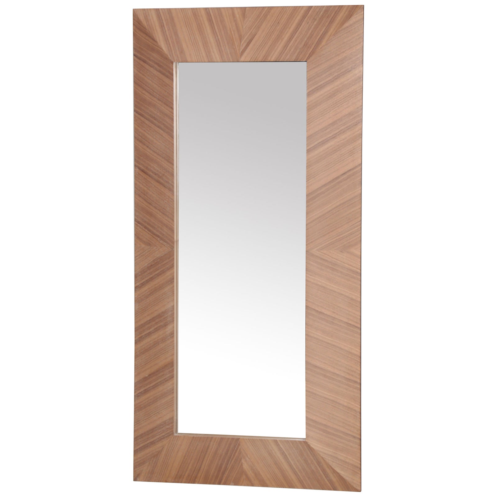 Angular walnut-toned veneer bands surround a generous reflective surface || CMI4009B || front_angle_studio