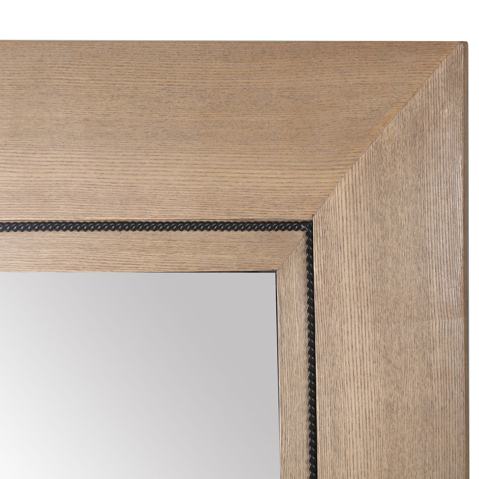 Mitered wood-grain frame meets slim black textured trim around the mirror glass. || CMI4012A || detail_studio