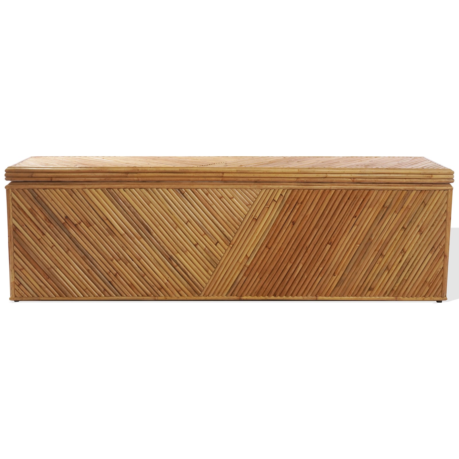 Diagonal rattan slats form bold geometric panels across a low-profile natural storage trunk. || CWK3032A || front_studio