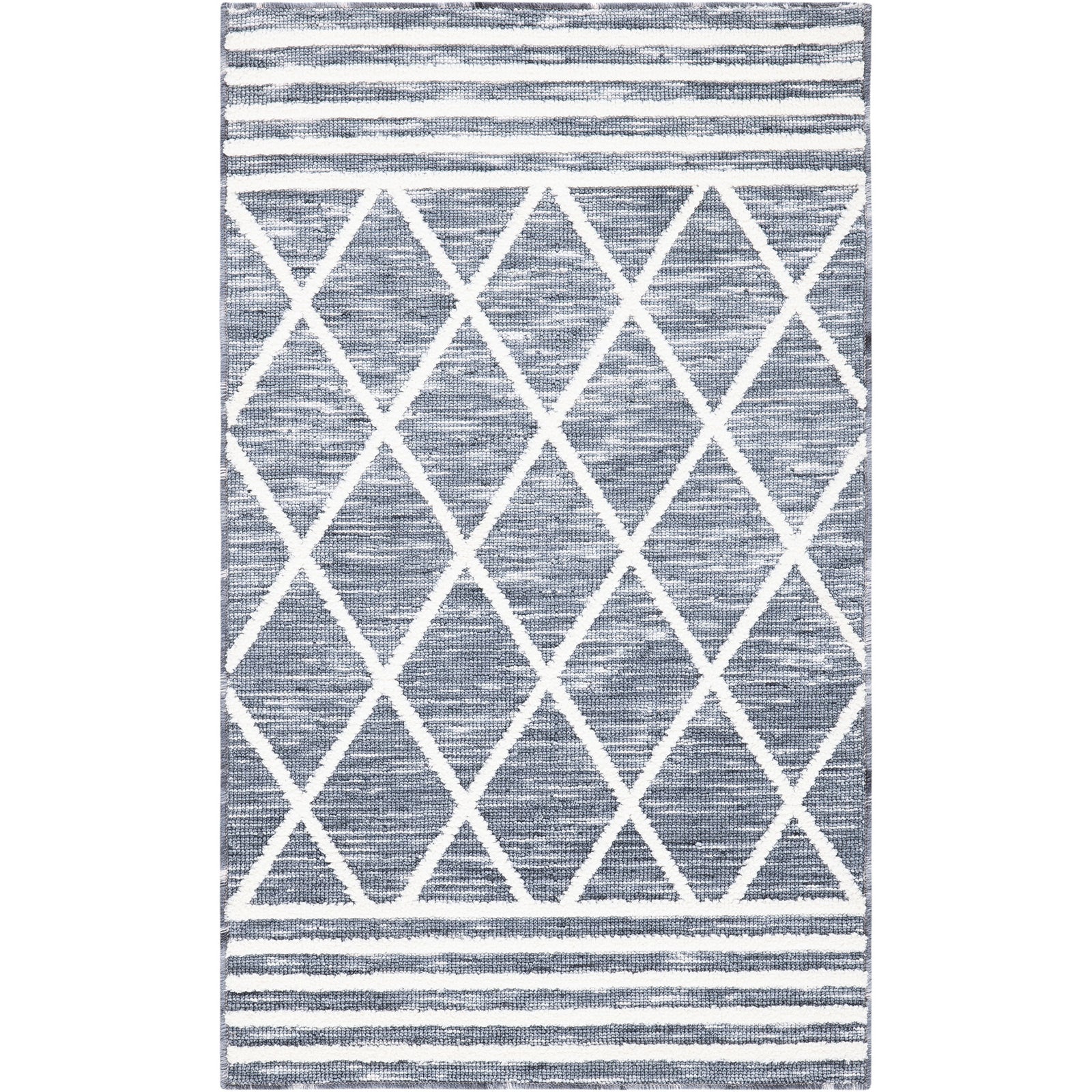 Compact gray and ivory rug featuring a bold diamond lattice framed by banded end borders || ECR112F-24 || top_studio