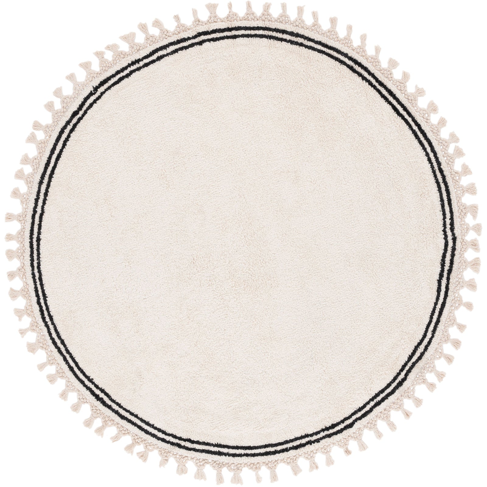 Medium round ivory rug with double black border and tassels for a crisp modern boho look || ECR201A-5R || top_studio