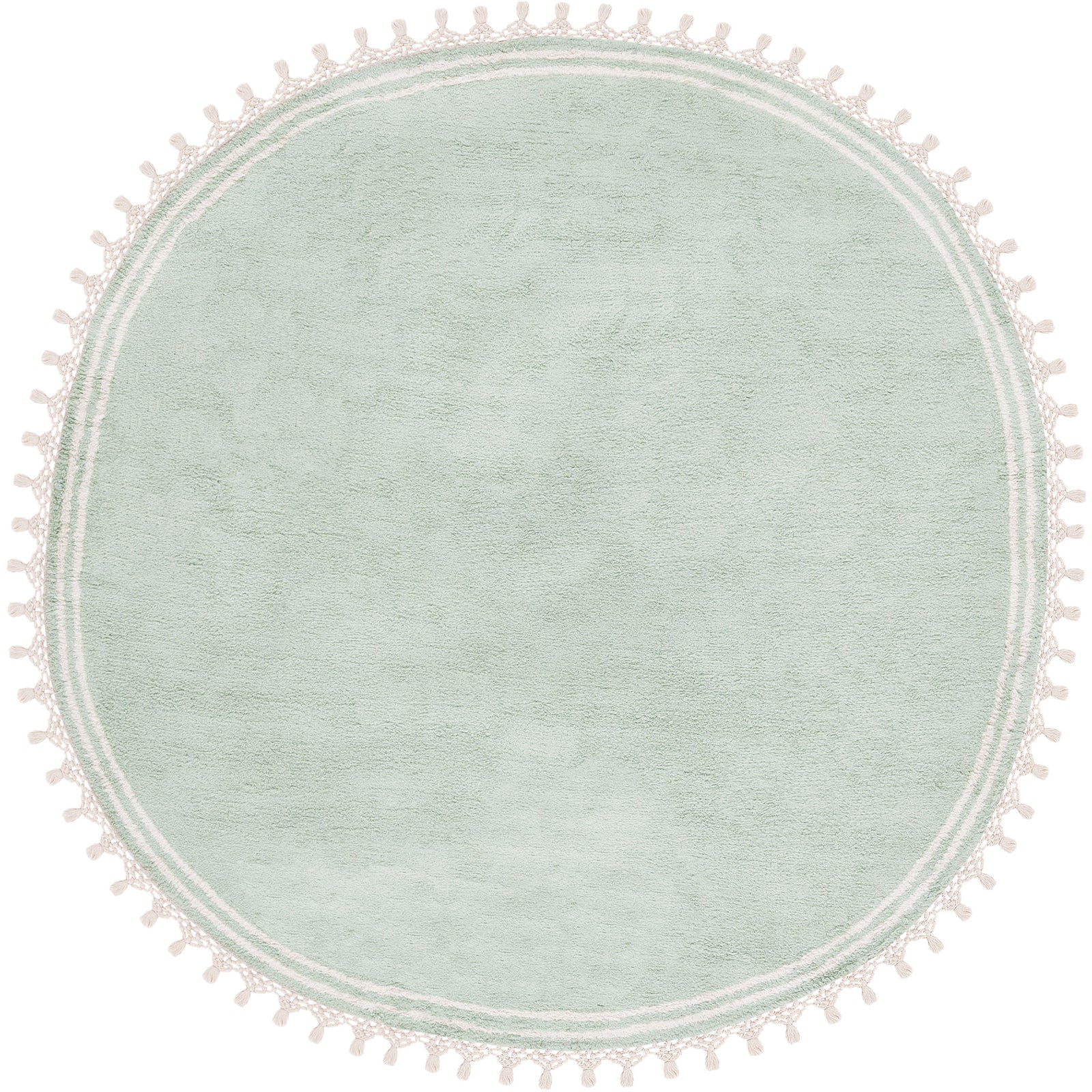 Soft teal round rug with ivory striped border and tasseled edge for an easy-care, cozy look. || ECR201J-6R || top_studio