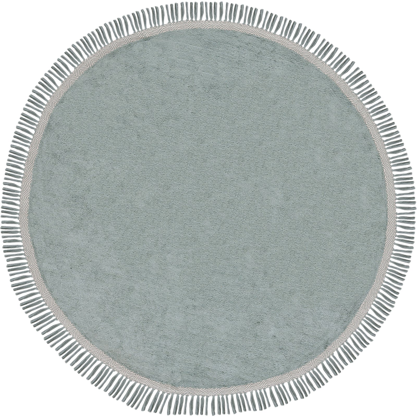 Teal round rug with ivory wave border and playful tassel fringe || ECR202J-6R || top_studio