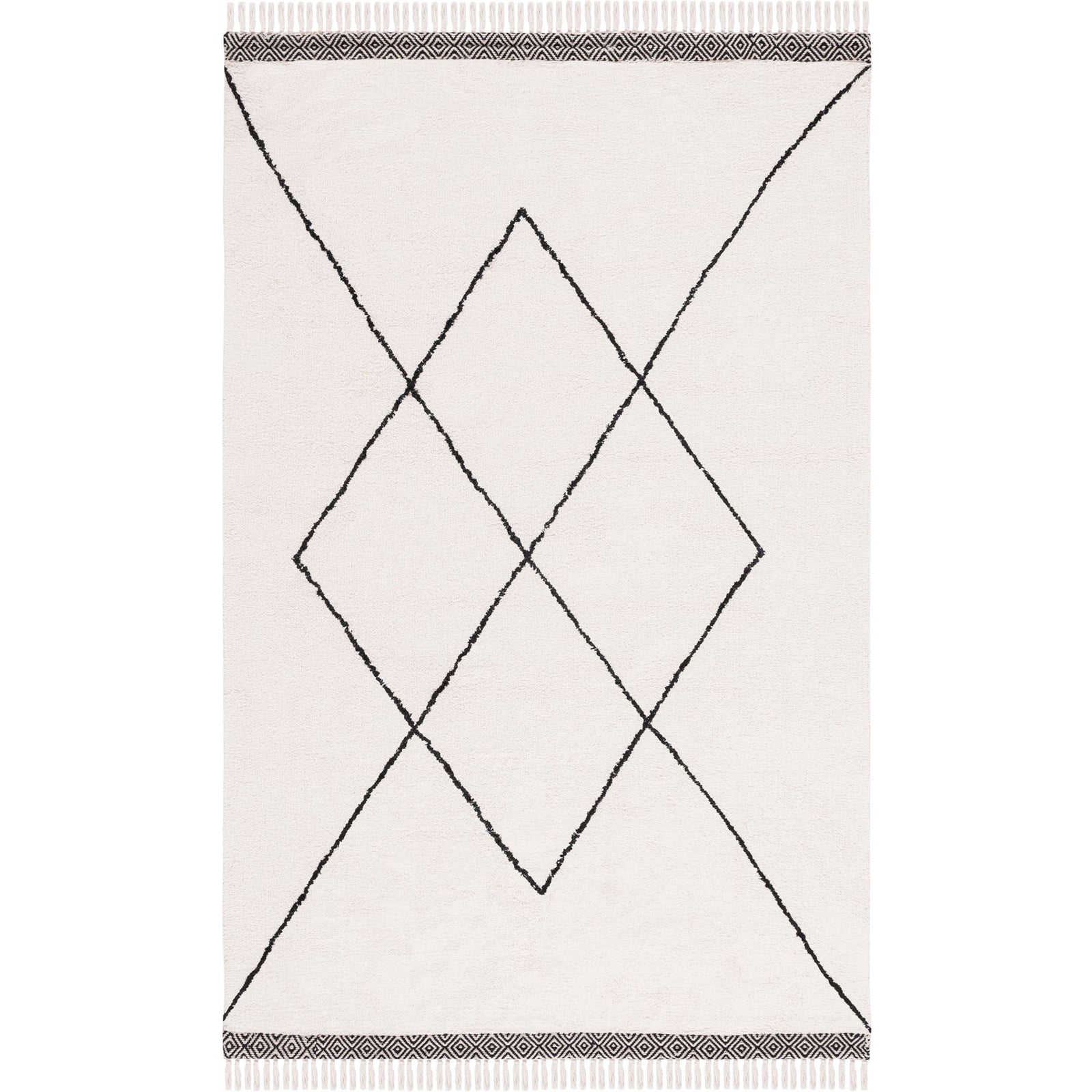 Soft ivory rug showcases a clean black diamond pattern with woven border and fringe || ECR210A-5 || top_studio