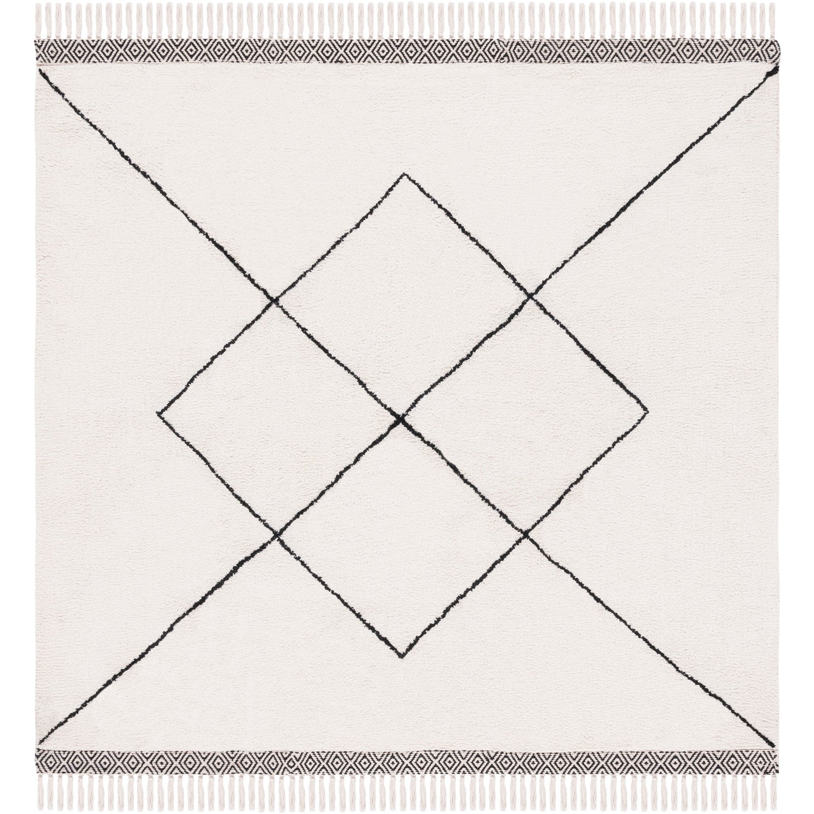 Square ivory rug with centered diamond motif and tassel-trimmed, geometric borders || ECR210A-6SQ || top_studio