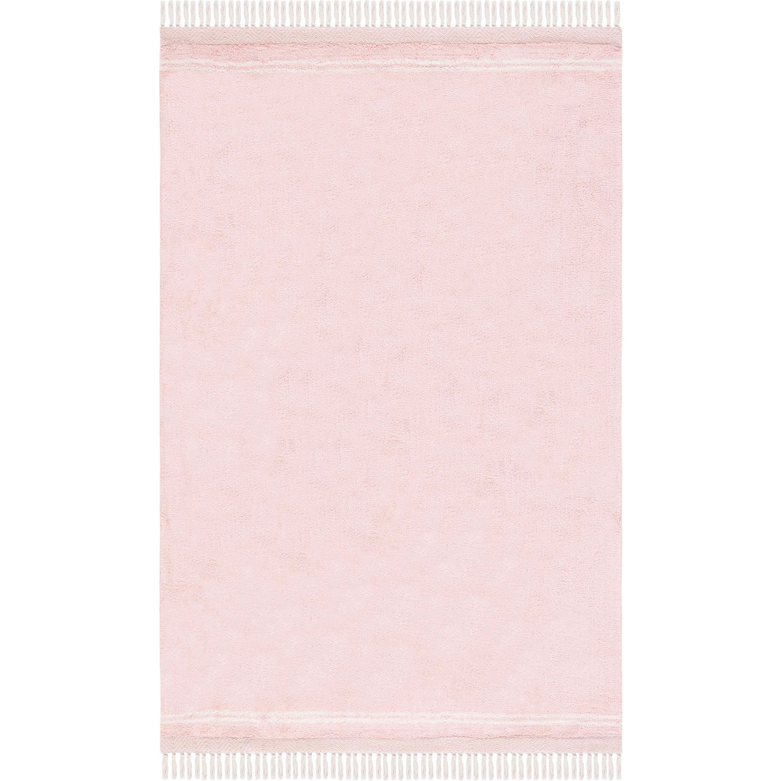 Versatile pink rug showcases plush pile, subtle ivory accents, and tassel fringe for easy styling. || ECR211U-5 || top_studio