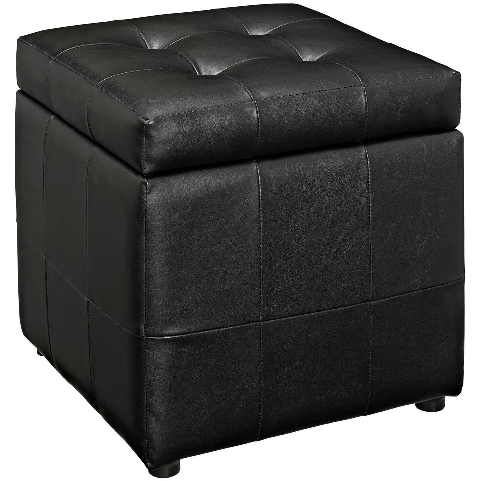 Compact black storage ottoman with stitched panels and subtle low-profile feet for modern versatility || EEI-1044-BLK || front_angle_studio