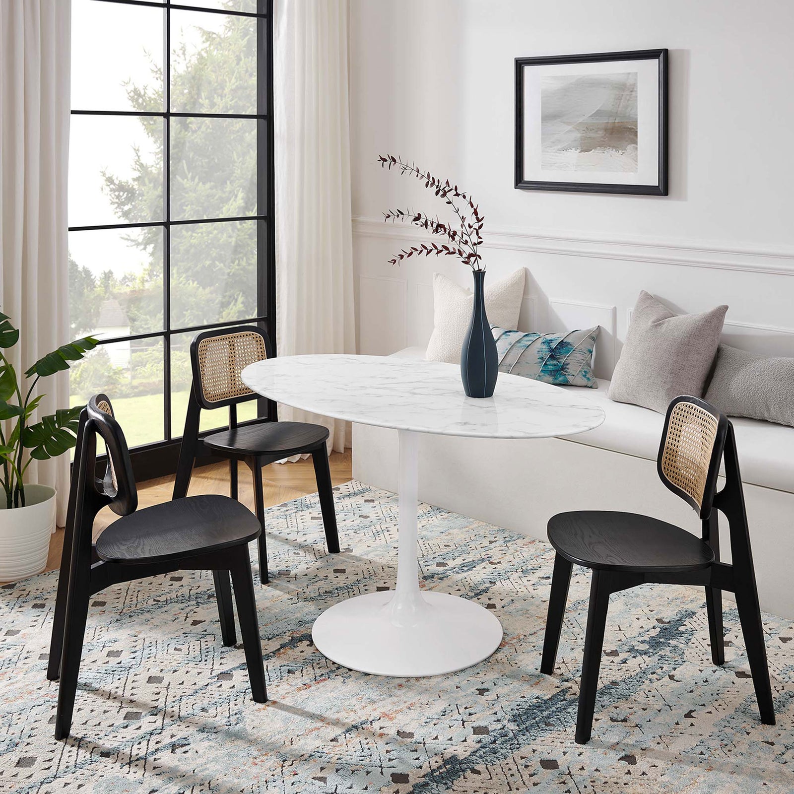 Faux marble pedestal dining table seats four and tucks beautifully into this sunlit breakfast nook || EEI-1134-WHI || front_room