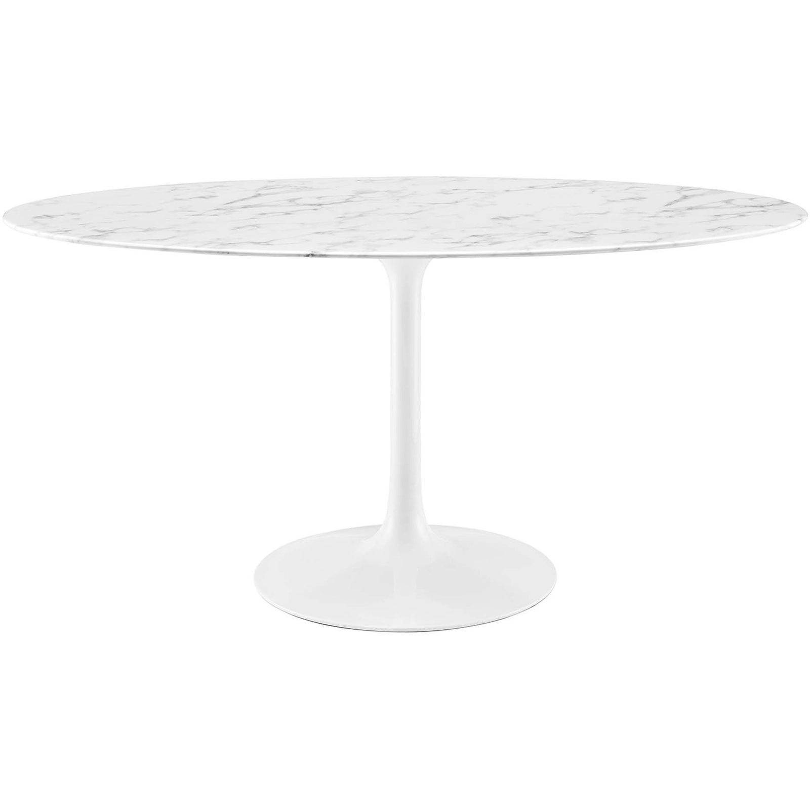 Spacious white 60 inch oval faux marble dining table with pedestal base brings modern elegance || EEI-1135-WHI || front_studio