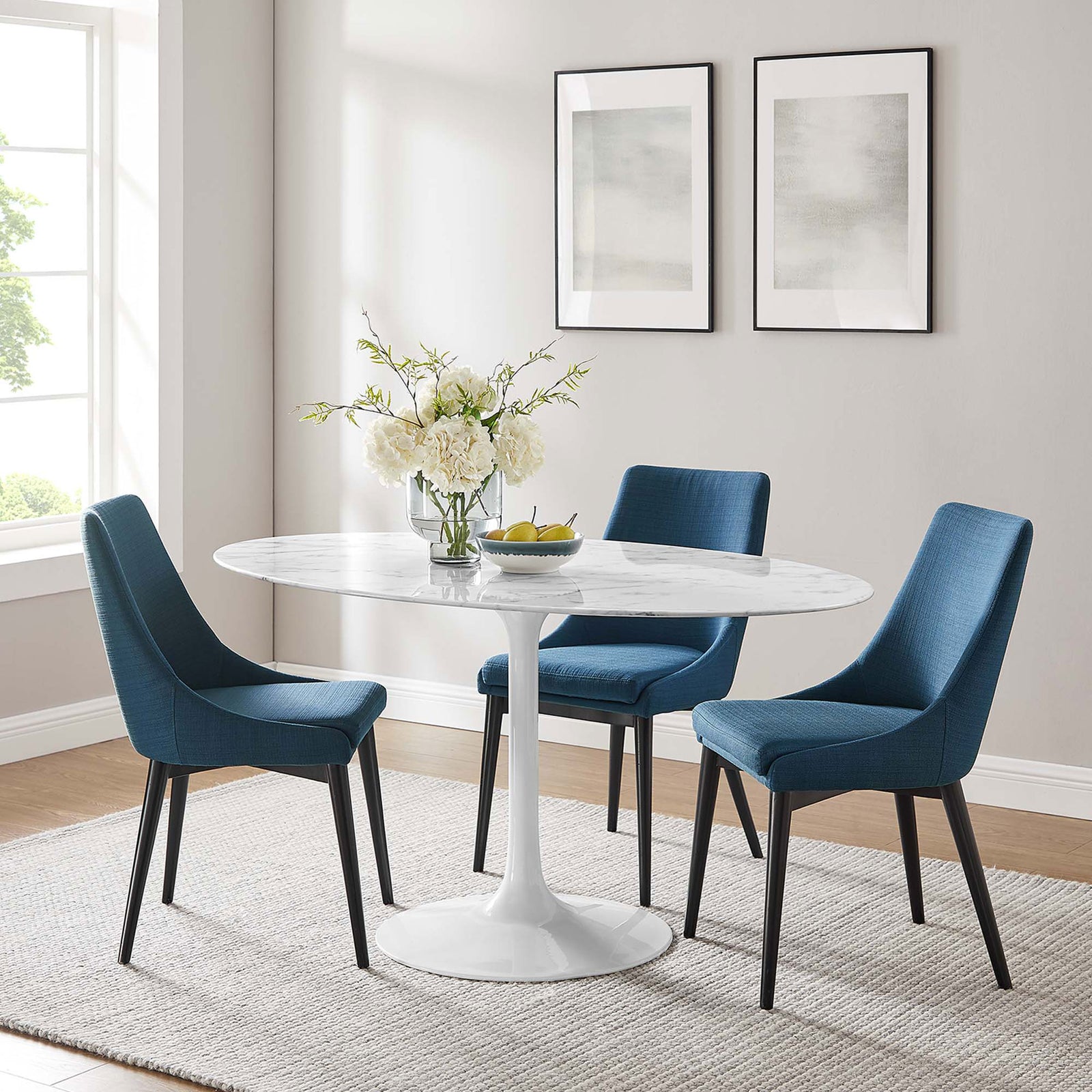 Oval faux marble dining table comfortably seats six and completes this tailored modern dining set || EEI-1135-WHI || front_room