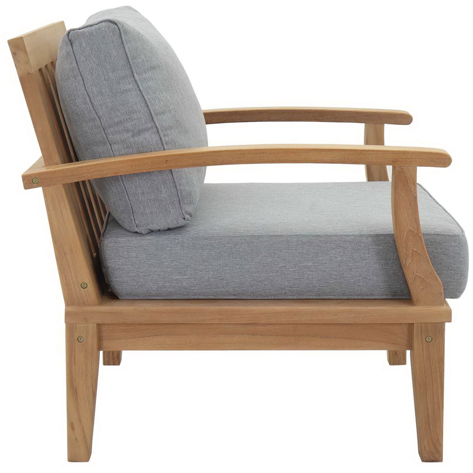 Sturdy teak frame and thick gray cushions provide lasting outdoor comfort || EEI-1143-NAT-GRY-SET || side_studio