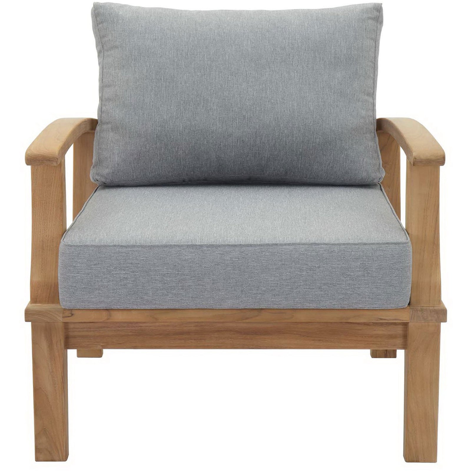 Teak outdoor armchair with thick gray cushions for relaxed patio seating || EEI-1143-NAT-GRY-SET || front_studio