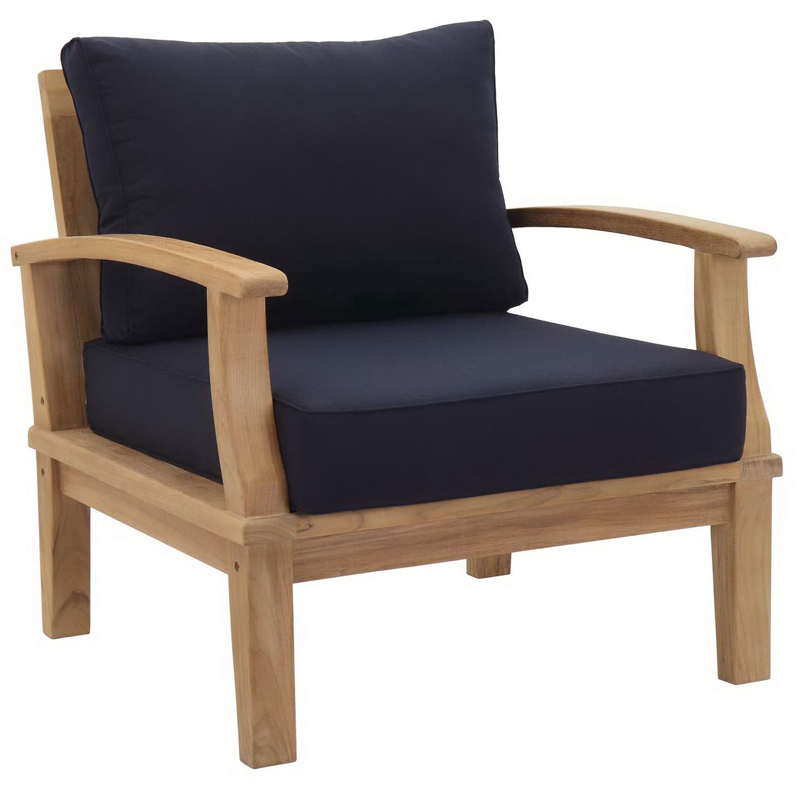 Navy upholstered cushions pair with warm teak arms for a modern outdoor lounge chair || EEI-1143-NAT-NAV-SET || front_angle_studio