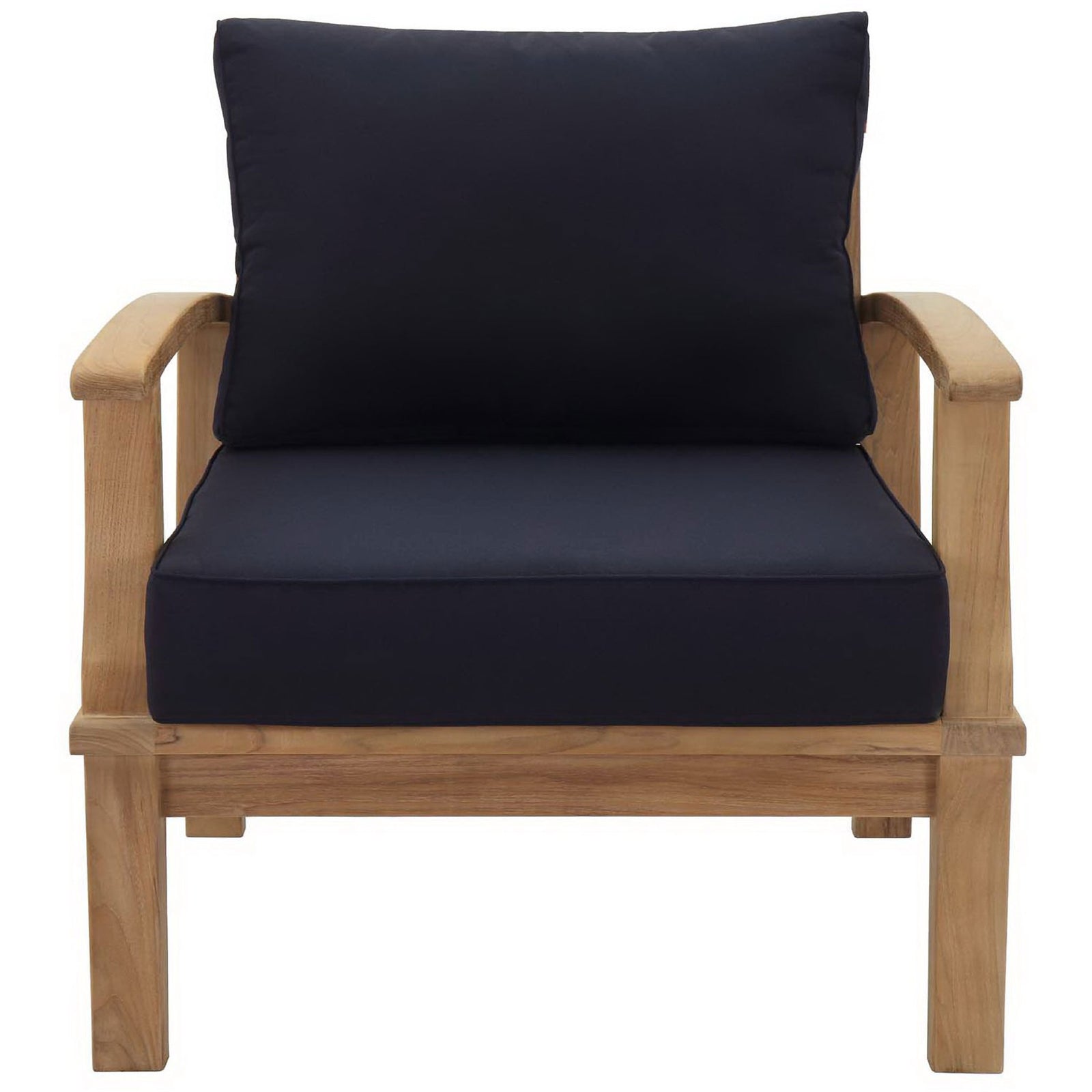 Teak outdoor armchair with deep navy cushions for bold patio seating || EEI-1143-NAT-NAV-SET || front_studio