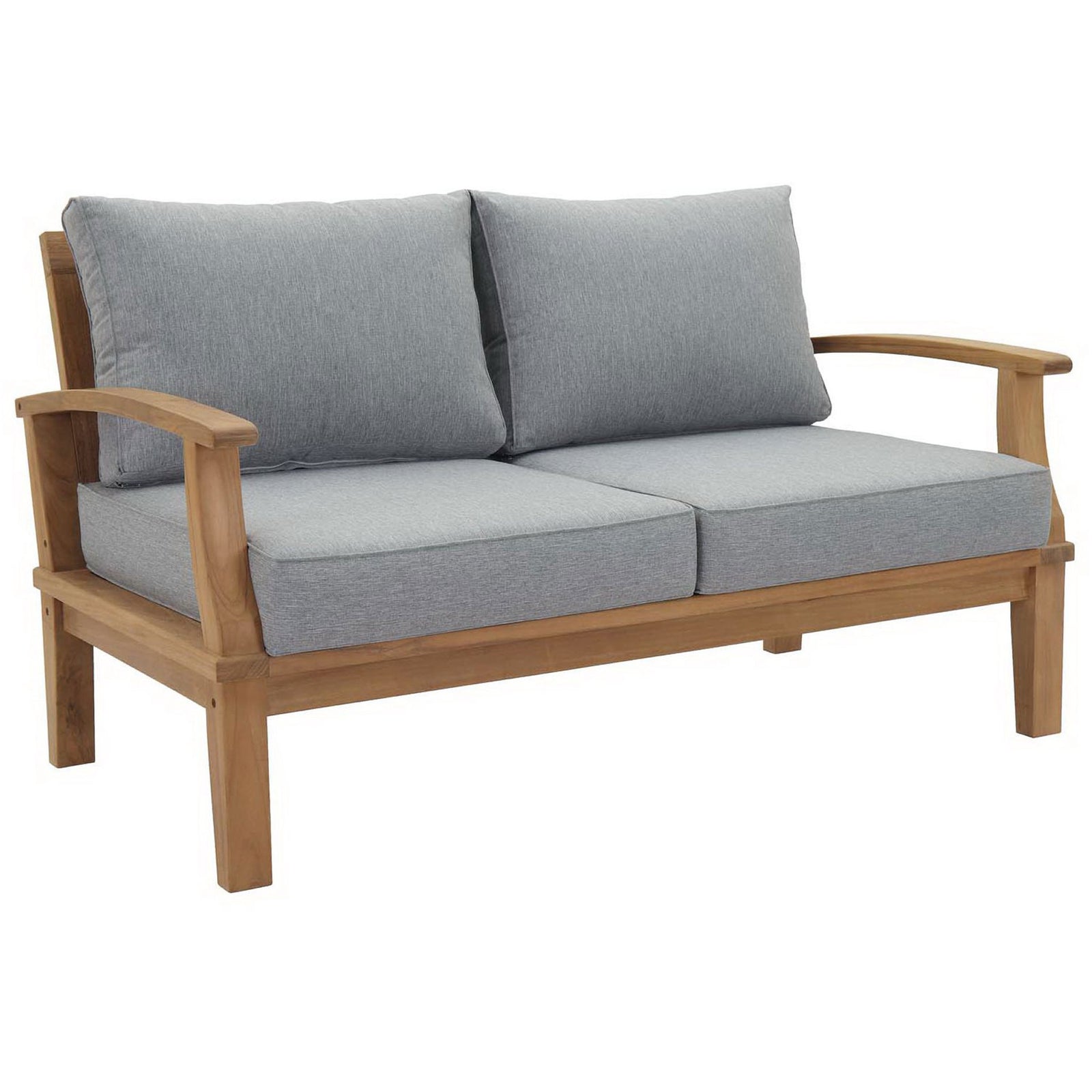 Teak patio loveseat with plush gray cushions offers modern comfort for outdoor lounging || EEI-1144-NAT-GRY-SET || front_angle_studio