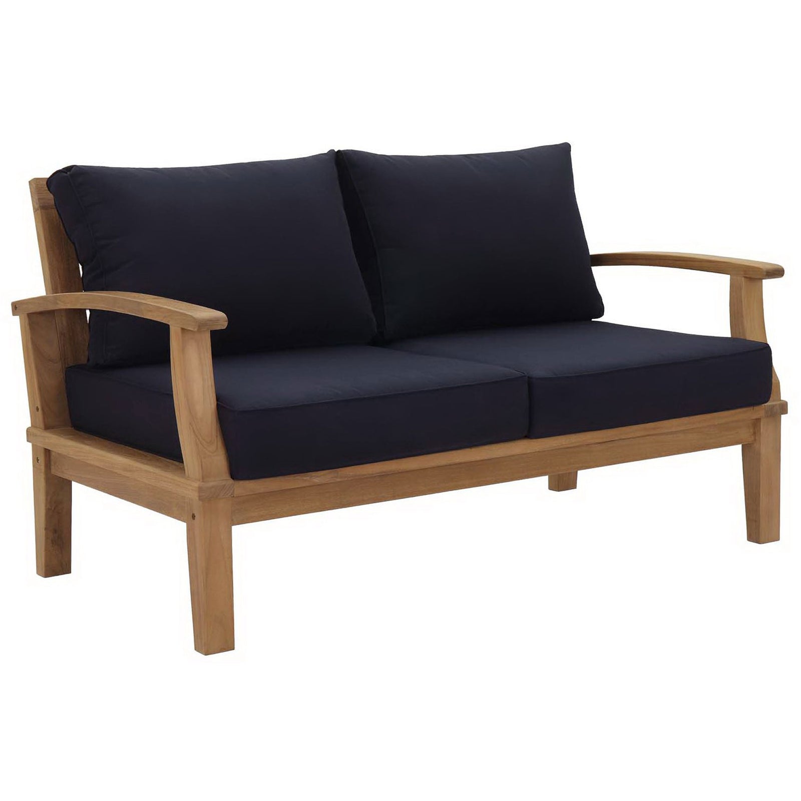 Teak patio loveseat with deep navy cushions adds crisp comfort to any outdoor space || EEI-1144-NAT-NAV-SET || front_angle_studio