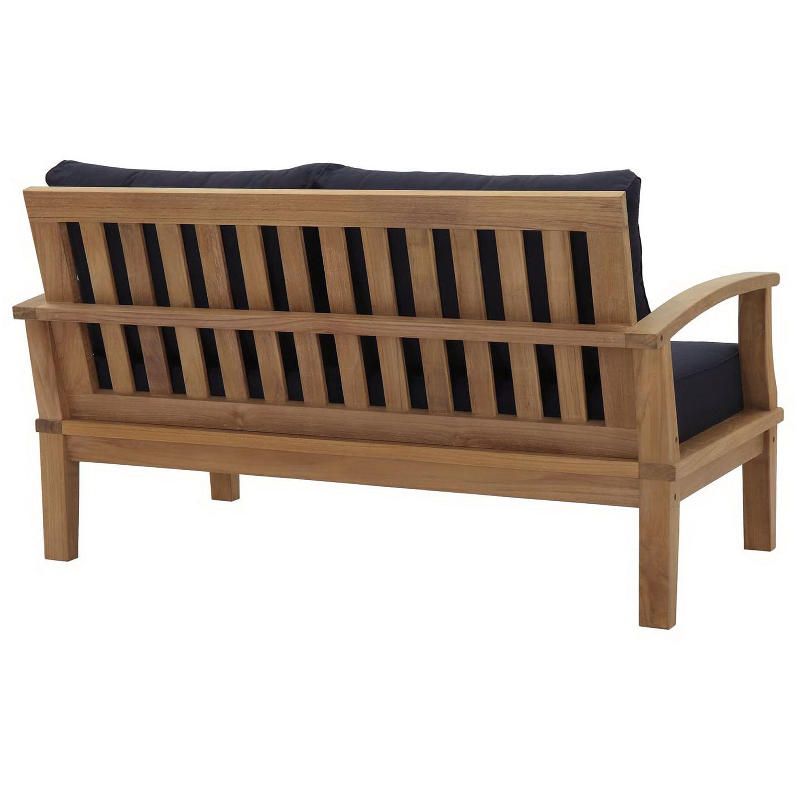 Slatted teak back and sweeping arms frame the navy cushioned loveseat for breezy relaxation || EEI-1144-NAT-NAV-SET || back_angle_studio