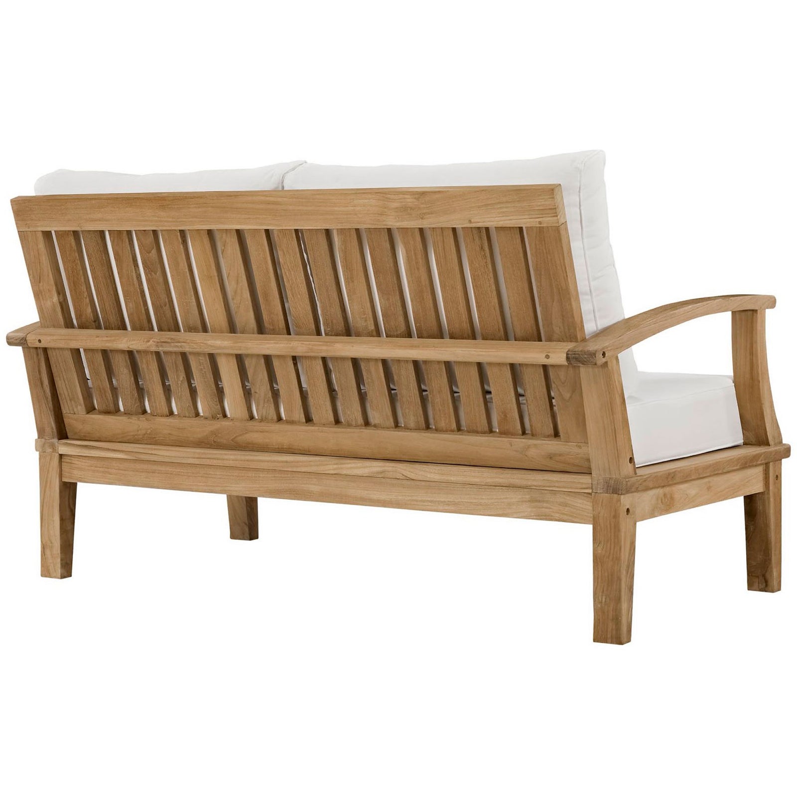 Slatted teak backrest and sturdy frame support plush white cushions for relaxed lounging || EEI-1144-NAT-WHI-SET || back_angle_studio