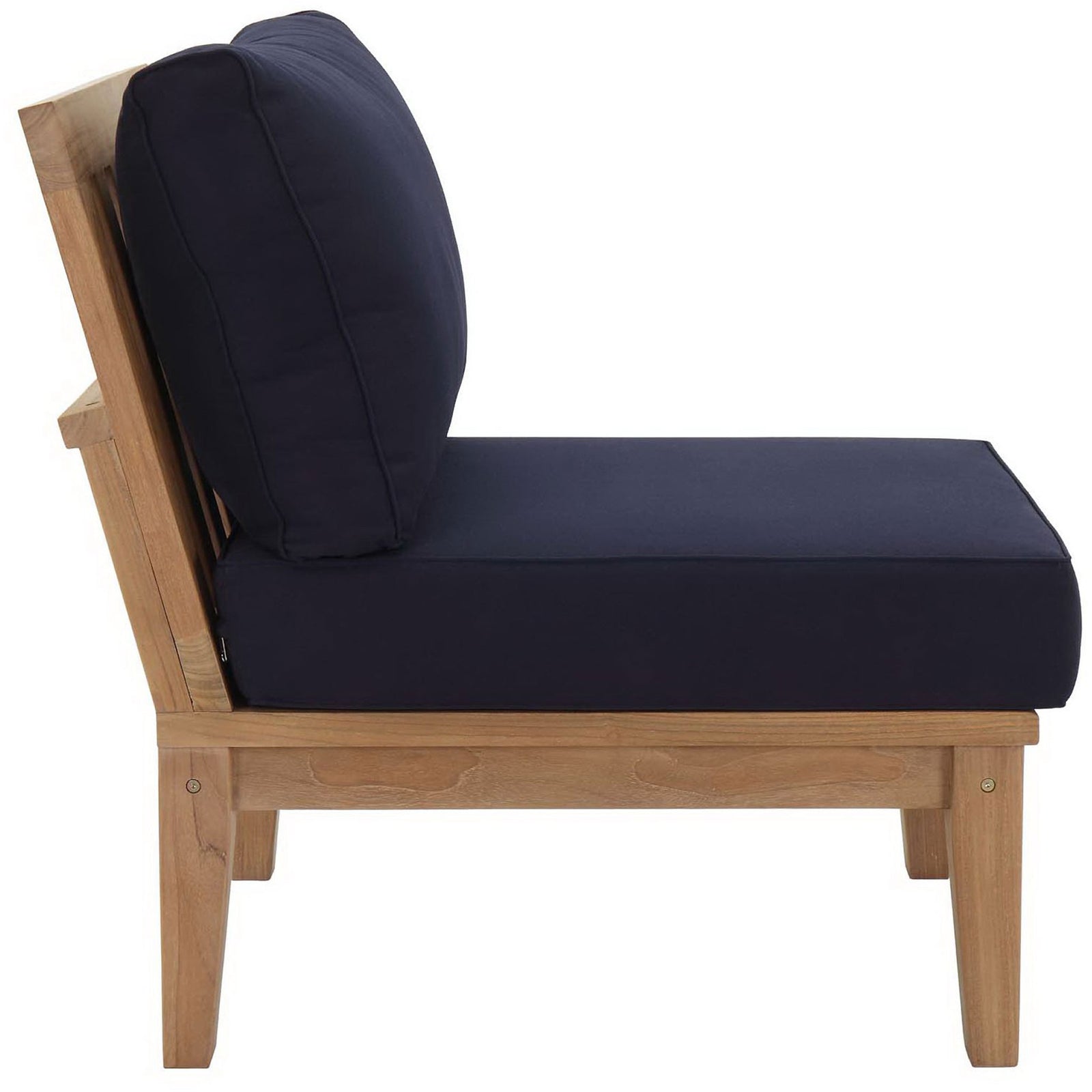 Sturdy teak frame cradles thick navy seat and back cushions for outdoor comfort || EEI-1150-NAT-NAV-SET || side_studio